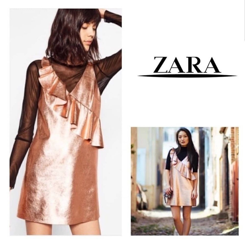 Zara Rose Gold Metallic Ruffle‎ Vegan Suede Dress S
